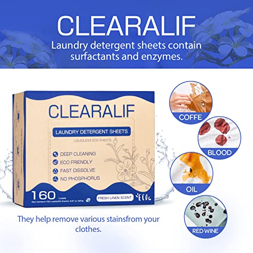 Clearalif Laundry Detergent Sheets Up to 160 Loads Great For Travel Apartments Dorms Eco Friendly & Hypoallergenic