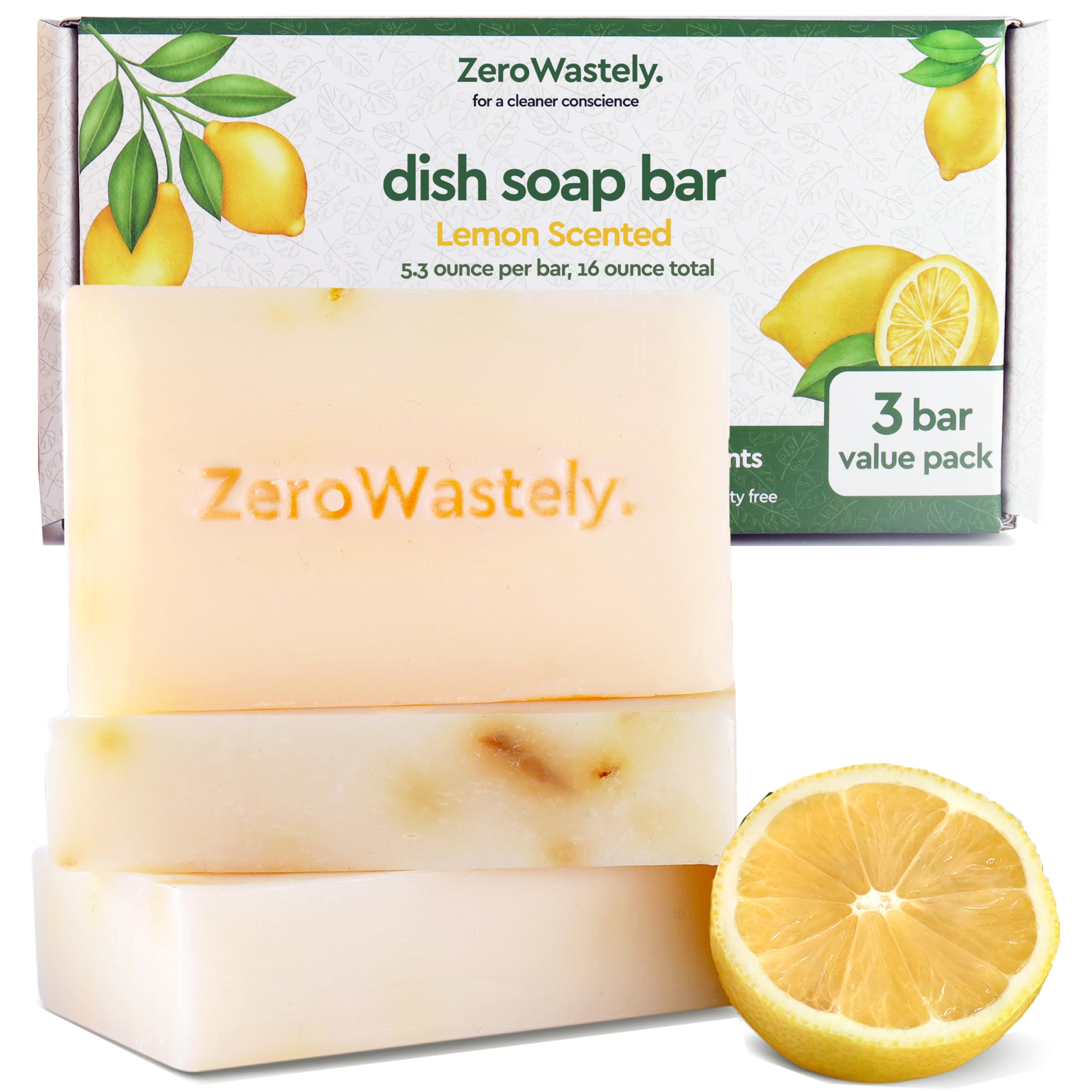 Sustainable 100% Organic Lemon Scented Solid Dish Soap Bar - Value Pack of 3, 16oz per Block - Skin Friendly and Long L