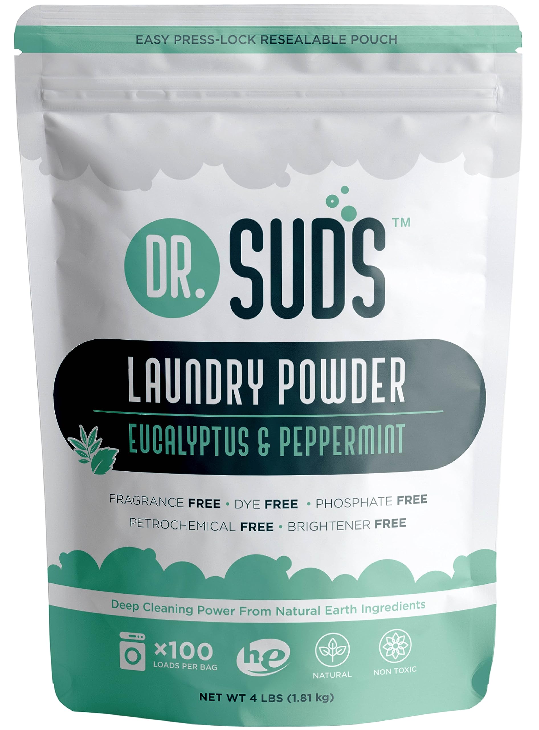 Dr Suds Natural Laundry Detergent Powder for Natural Earth Lovers with Eucalyptus and Peppermint Scent, 4 Lbs (100+ Loa