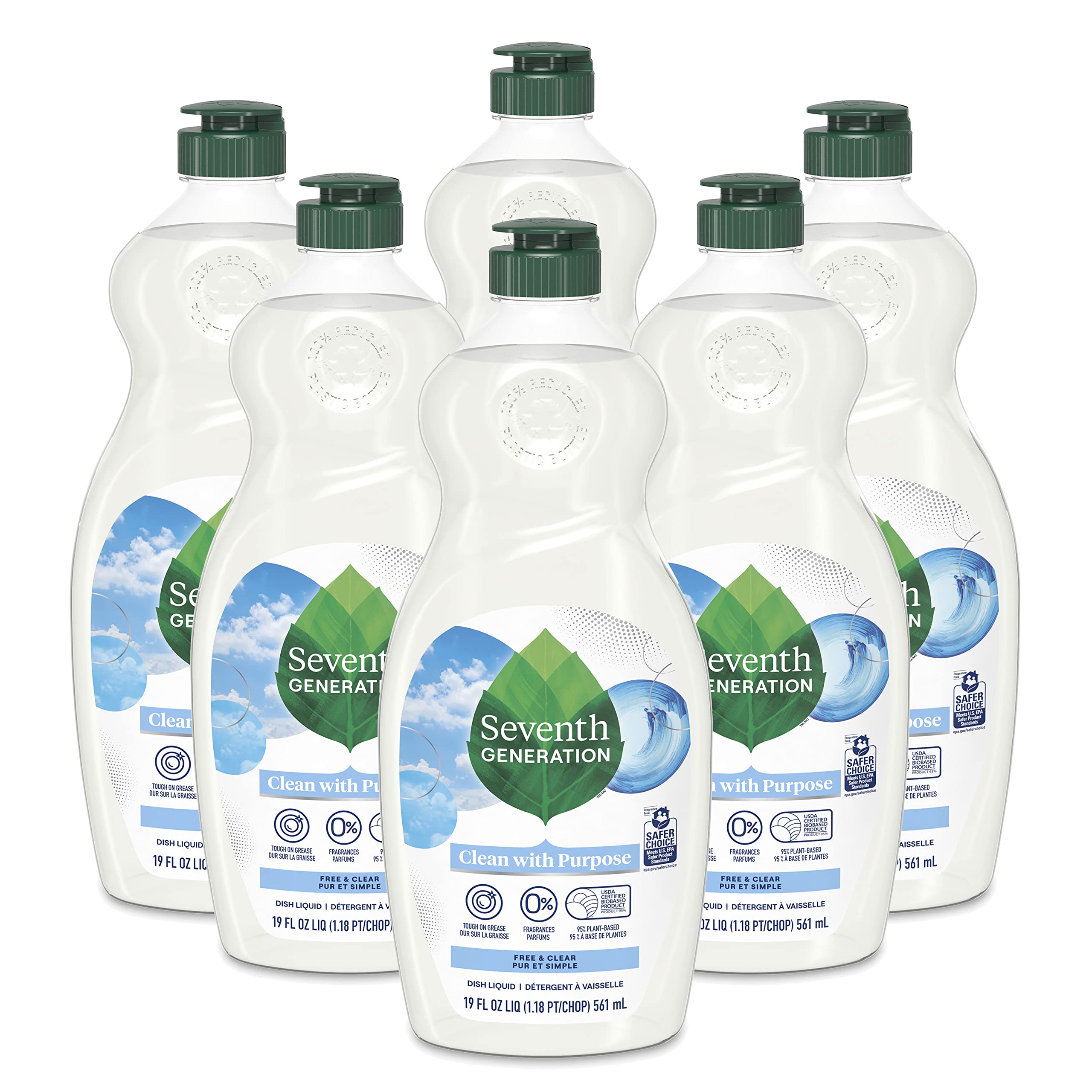 Seventh Generation Free & Clear Dish Liquid Soap for Sensitive Skin 19 oz U.S. EPA Safer Choice Pack of 6